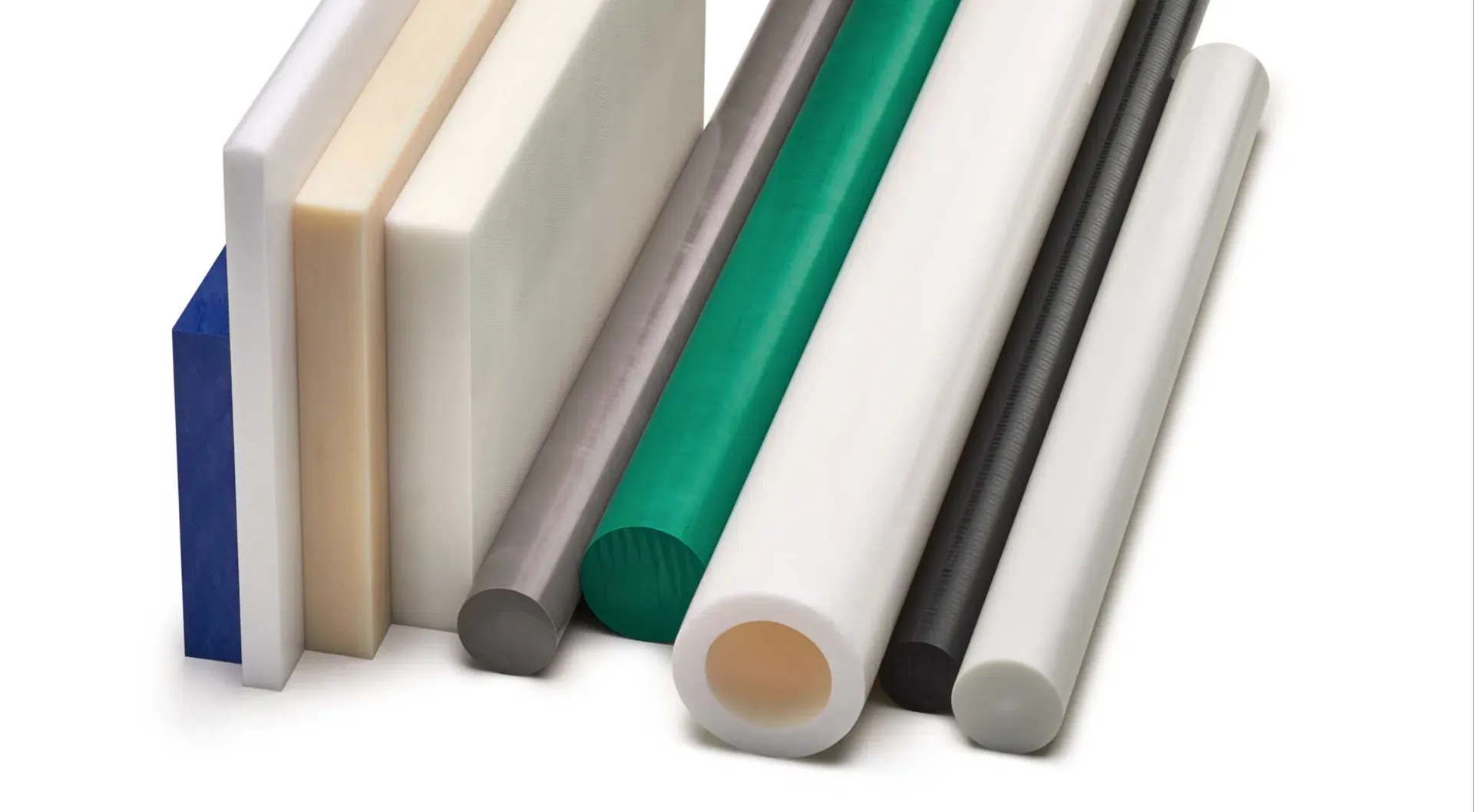 Plastic semi-finished products: sheets and rods in several colours
